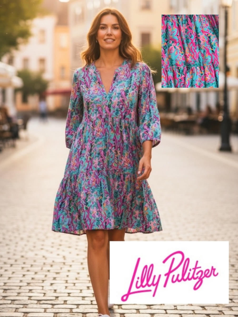 Lilly Pulitzer Turquoise/Pink/orange starfish  dress, M, CB2681